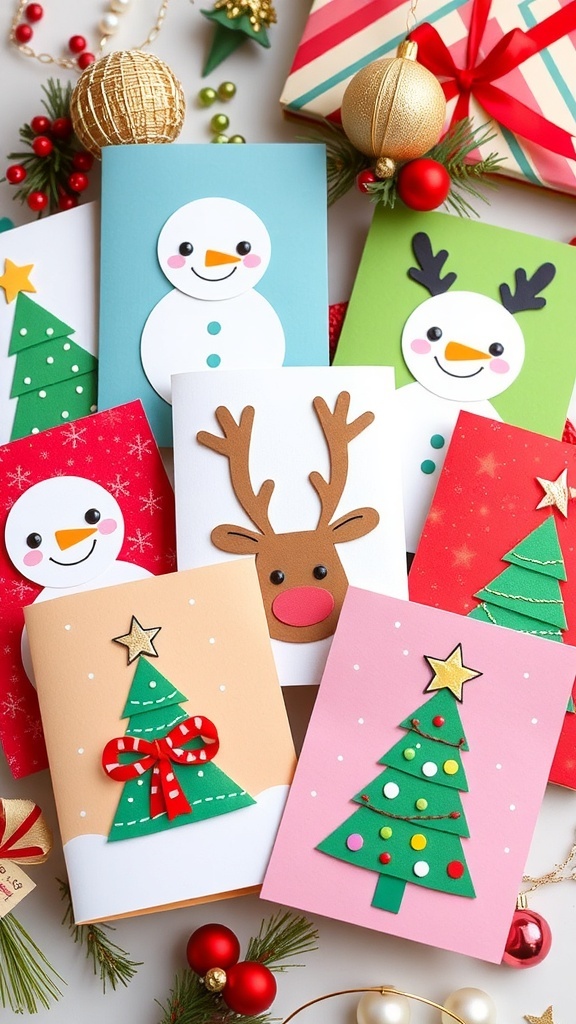 Handmade Kawaii Christmas Cards Handmade kawaii Christmas cards with cute designs on a festive background.